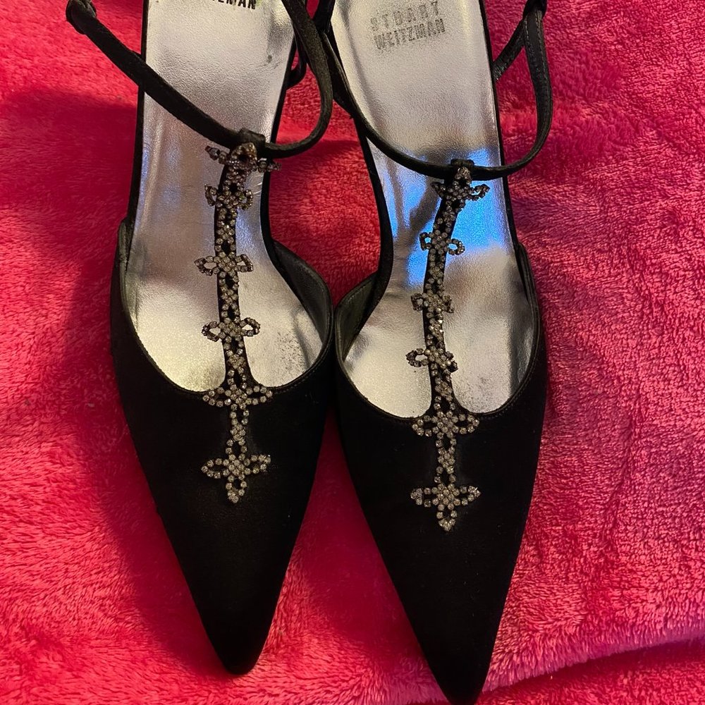 Stuart Weitzman Black Satin Heels with Crystal Embellished T-Strap